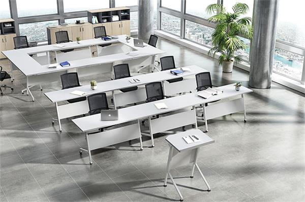 白色板式學生辦公折疊帶輪多功能員工會議培訓條桌椅組合